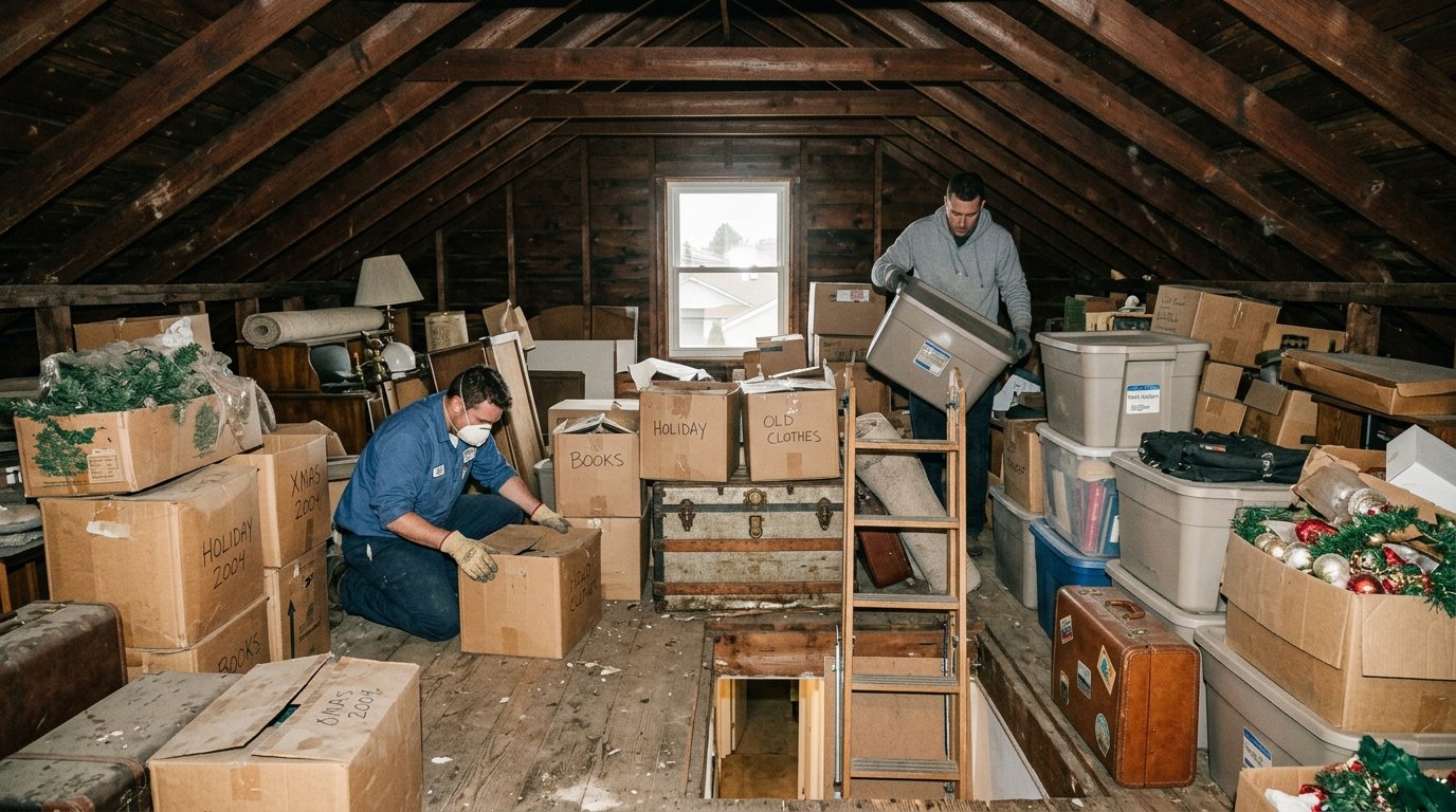 Attic Cleanout Technician Navigating Ceiling Joists in Fort Wayne