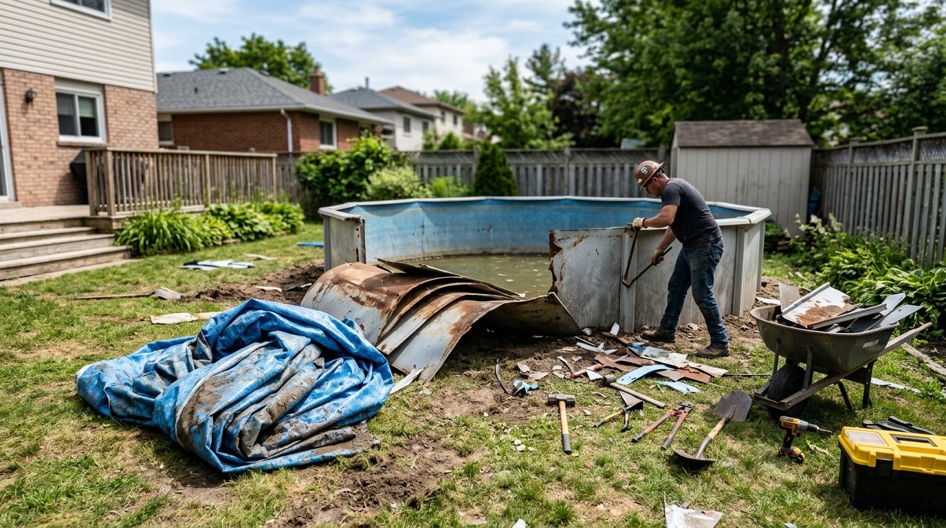Above-Ground Pool Demolition with Cut Metal Walls on Lawn